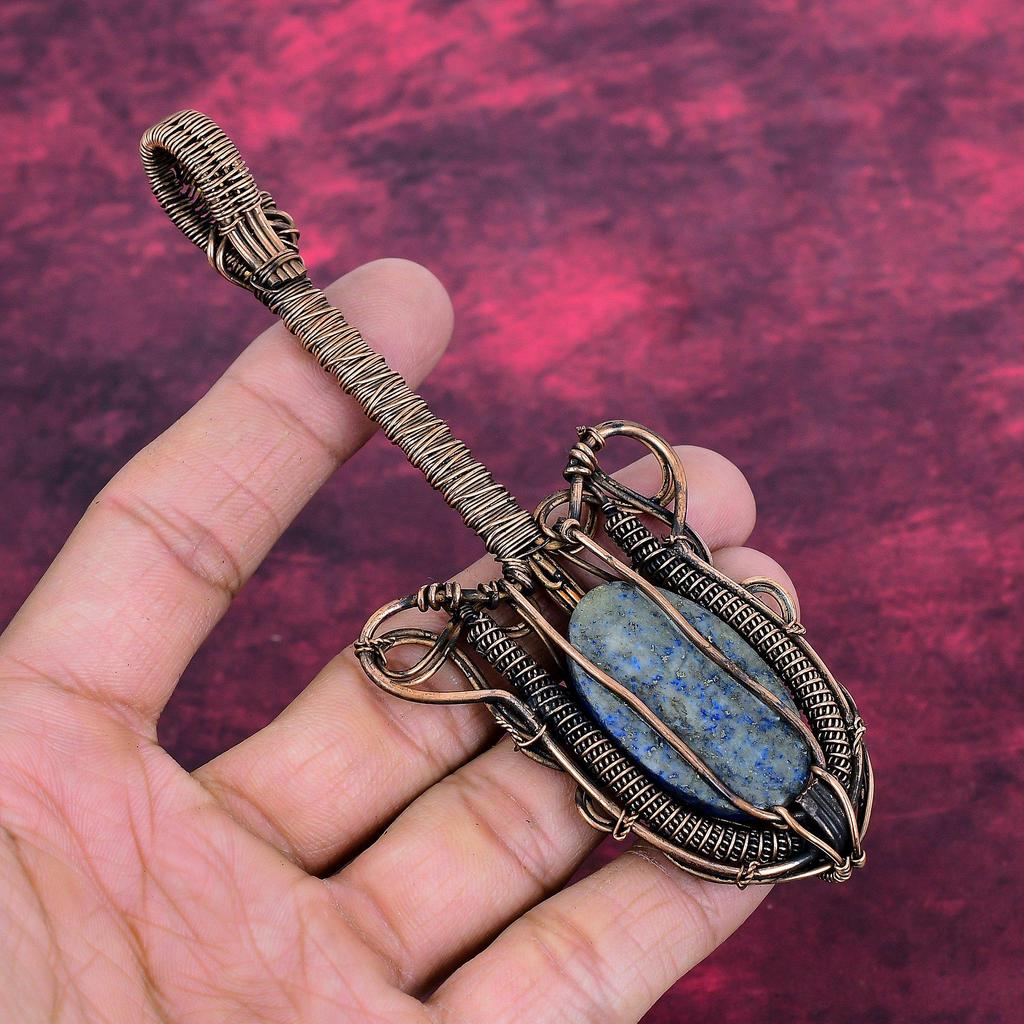 Lapis Lazuli Gemstone Pendant Copper Wire Wrapped Guitar Pendant Handmade Jewelry