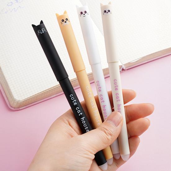 Yousheng 4Pcs Cute Cat Erasable Gel Pens 0.5mm Retractable Clip Pens with Eraser Tips Kawaii Cartoon Writing School Supplies