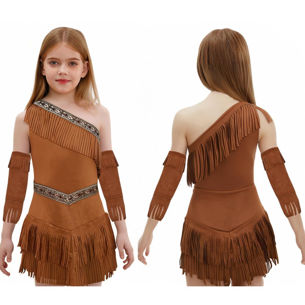 Indiánské šaty pro děti dívky - Jednoramenné bez rukávů s třásněmi semišové s rukávy s třásněmi Halloweenský cosplay plesové šaty