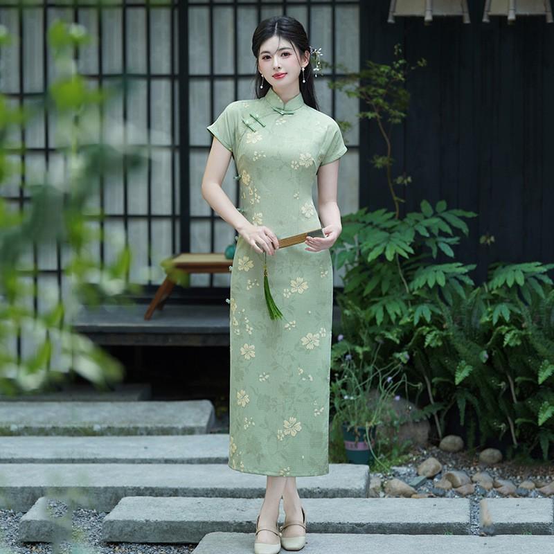 Womens Modern Chinese-Inspired Linen Qipao Dress Short Sleeve Vintage Style Slim Fit Casual Wear Small