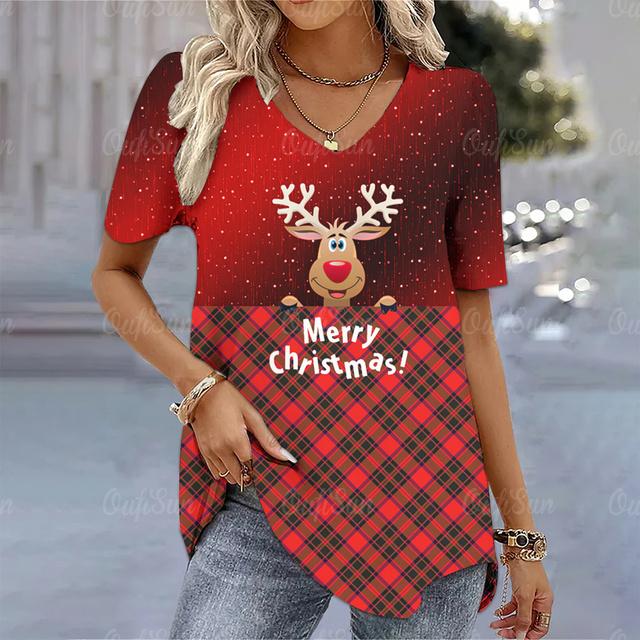Christmas Women's T-Shirt 3d Printed Short Sleeve Tees Christmas T Shirt For Women Fashion V-Neck Top Holiday Oversized Clothing