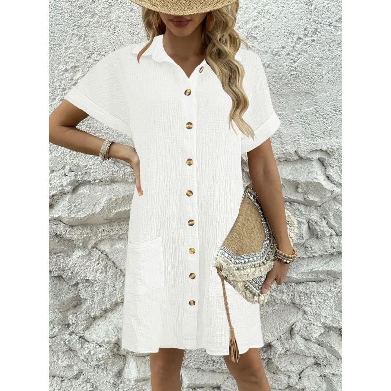 QICED Fashion Summer Spring Solid Color Print Short Sleeve POLO Neck Casual Dresses
