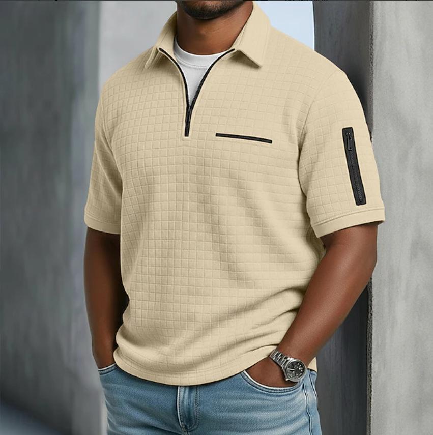 Men's Slim Fit Plaid Short Sleeve Shirt Zipper Front Casual Top with Decorative Arm Zip Pockets