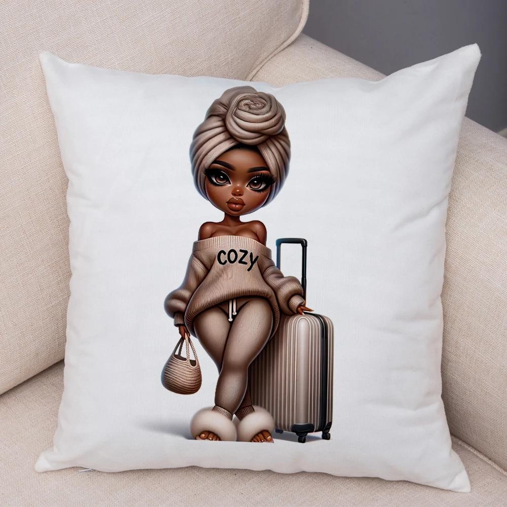 Fashion Cartoon African Girl Pillow Case Soft Plush Cushion Cover for Sofa Home Decor Cute Black Women Throw Pillowcase