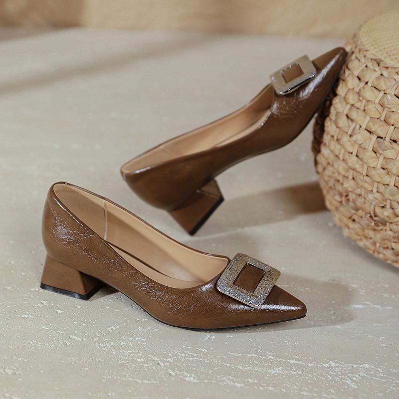 Pointed High Heels Thick Heels Are Not Tired Feet 2025 Spring New Large Size Women's Shoes Soft Leather Comfortable Shallow Low Heel Single Shoes