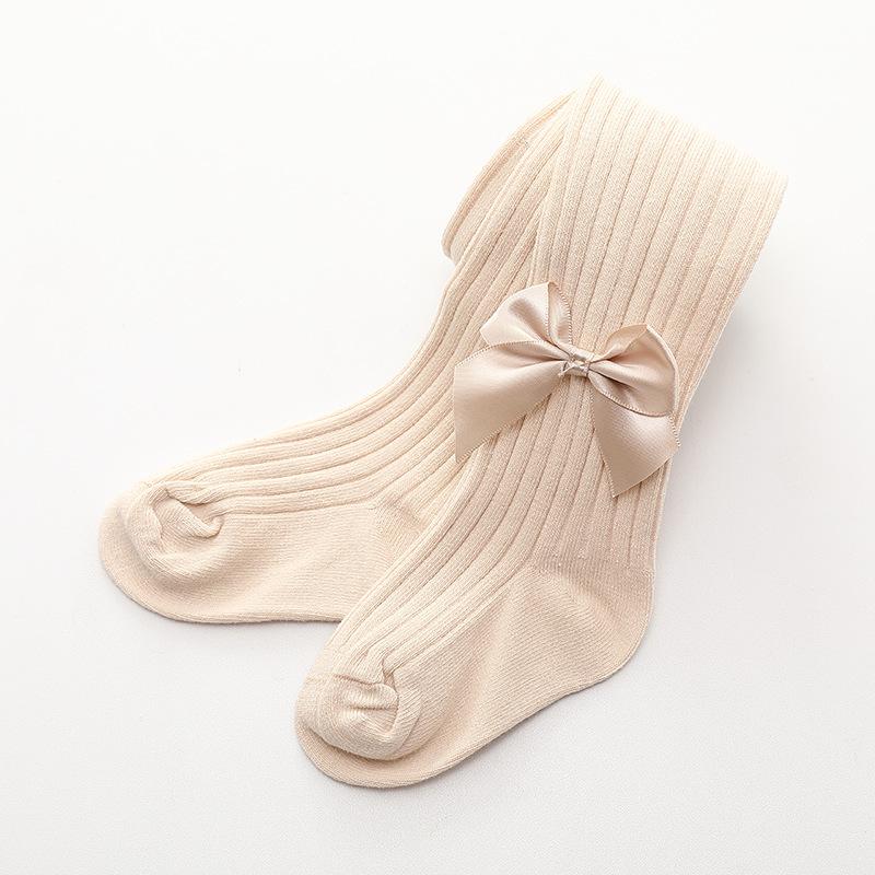 2024 Spring & Autumn Cable Knit Bow Leggings for Girls - Striped Tights with Open Crotch