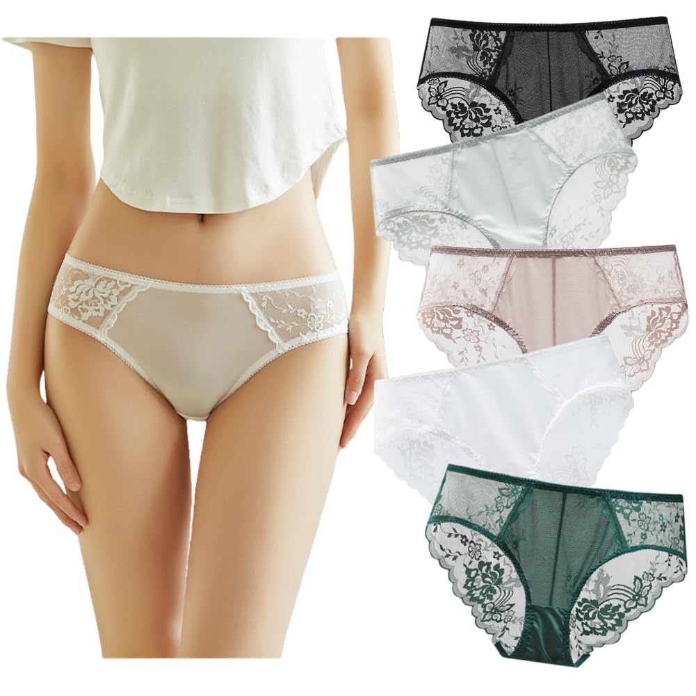VIVISHOW Shiny Regular Sexy Plain Panties with Hip Lucky Women's Satin-Look Full-Back Lace, See-Through, Non-Digital Underwear, Bag, 5-Pack (LL Size)