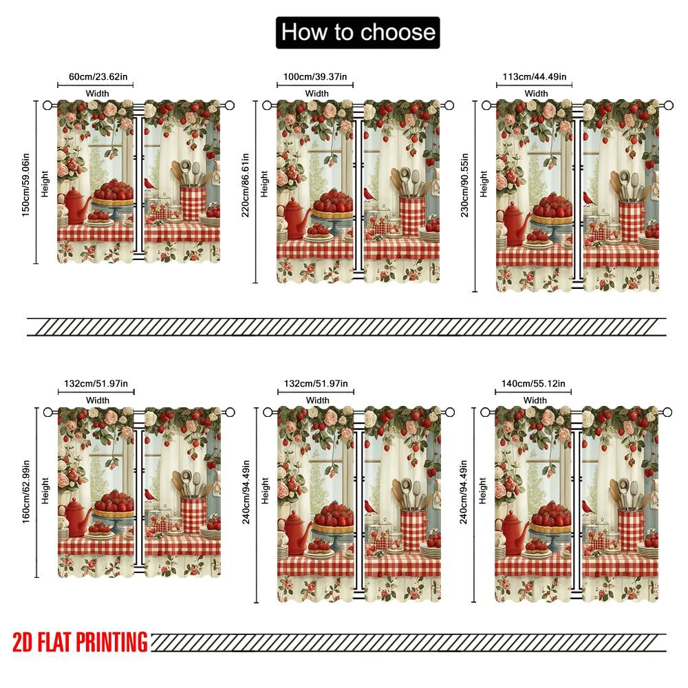 2D Flat Printing 2pcs Scene Curtains Strawberry Dessert Table Digital Printed Polyester Drapes All Season Party & Holiday Decor