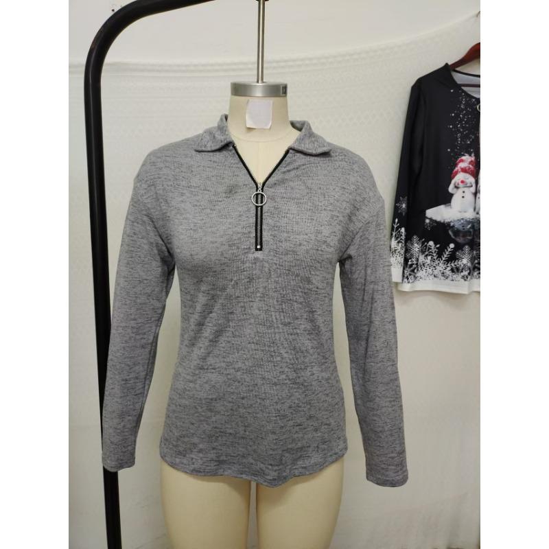 Casual Loose Knitted V Neck Zipper Long Sleeve T Shirt For Women