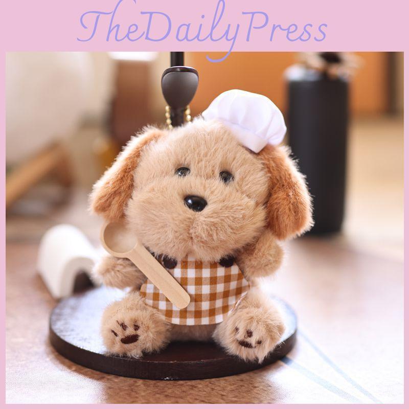 Cute Puppy Cartoon With Chef Hat Spoon Plaid Apron Plush Toy Keychain Pendant