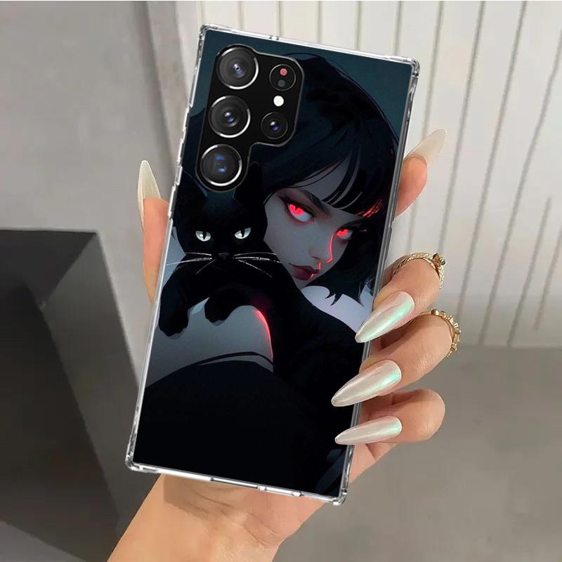 Anime Girls Cute Black Cat Phone Case for Samsung Galaxy S26 S24 S23 Ultra S25 Edge S22 S21 Plus S20 FE + Soft Print Shell Funda