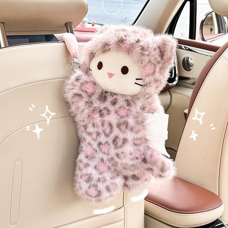 Leopard Print Cat Plush Hanging Car Tissue Box Cute Car Tissue Holder
