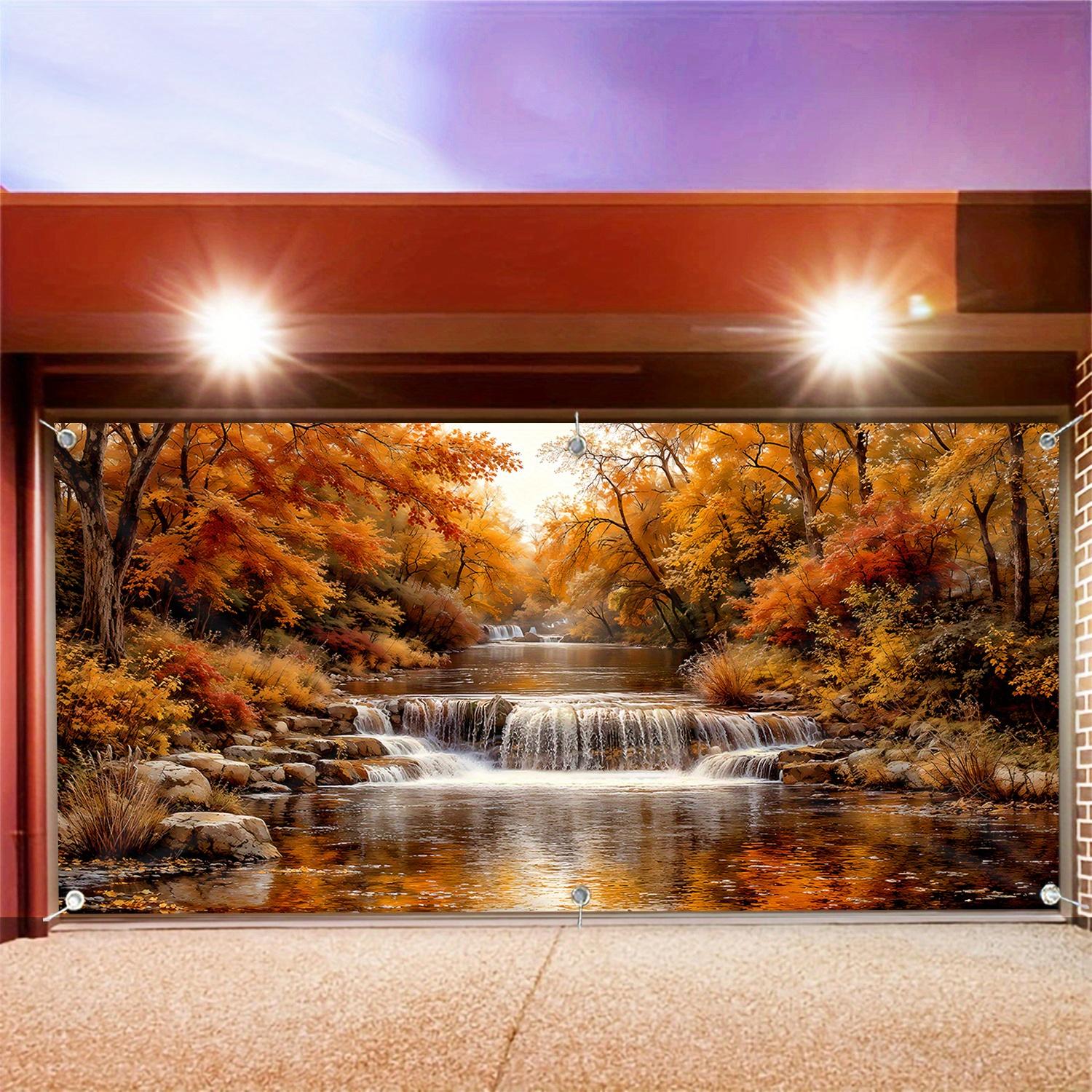 2D plane 1 piece of autumn landscape scene of golden forest waterfall and stream with garage door background cloth (as the picture,100x150cm)
