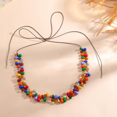 Bohemian Rainbow Colorful Stone Beaded Choker Necklace for Women Handmade Adjustable Cord Statement Necklace