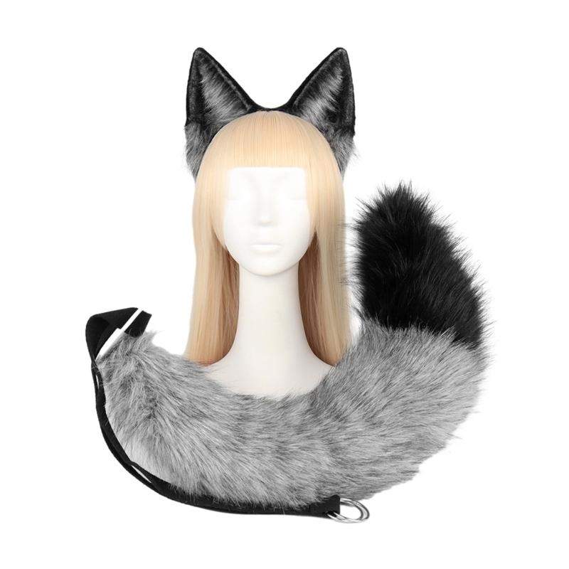 Anime-Cosplay Props Foxes Ears and Tail Set Plush Furry Animal Ears Hairhoop with Foxes Tail Fancy-Dress Party Costumes