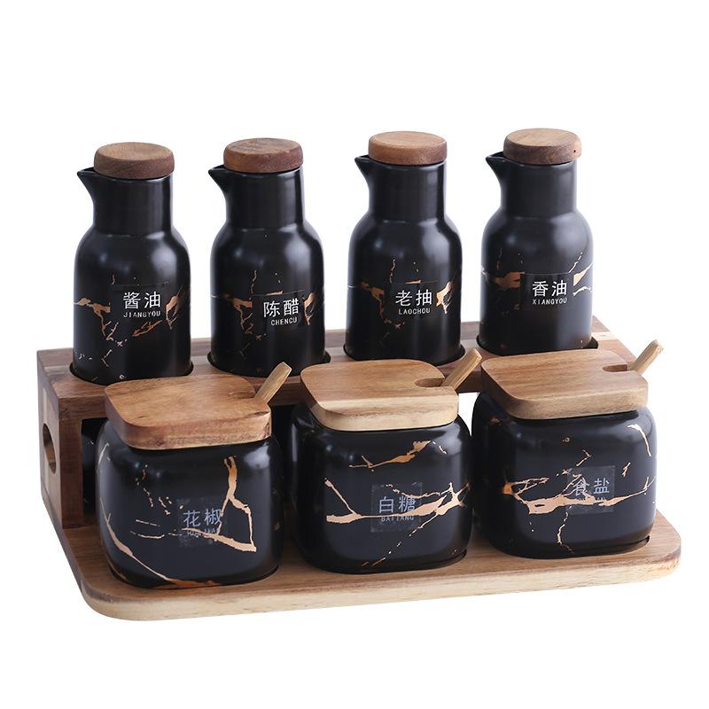 Kitchen Seasoning Box Set Oil Bottle Combination Creative Household Double Ceramic Seasoning Jar Salt Jar Seasoning Bottle