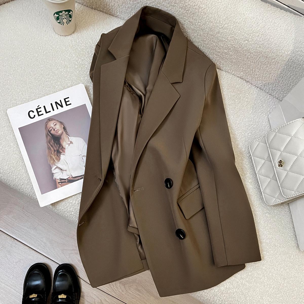 

Женский ретро-коричневый стройнящий костюм-пиджак - Весна/Осень 2026 Профессиональная официальная одежда Large