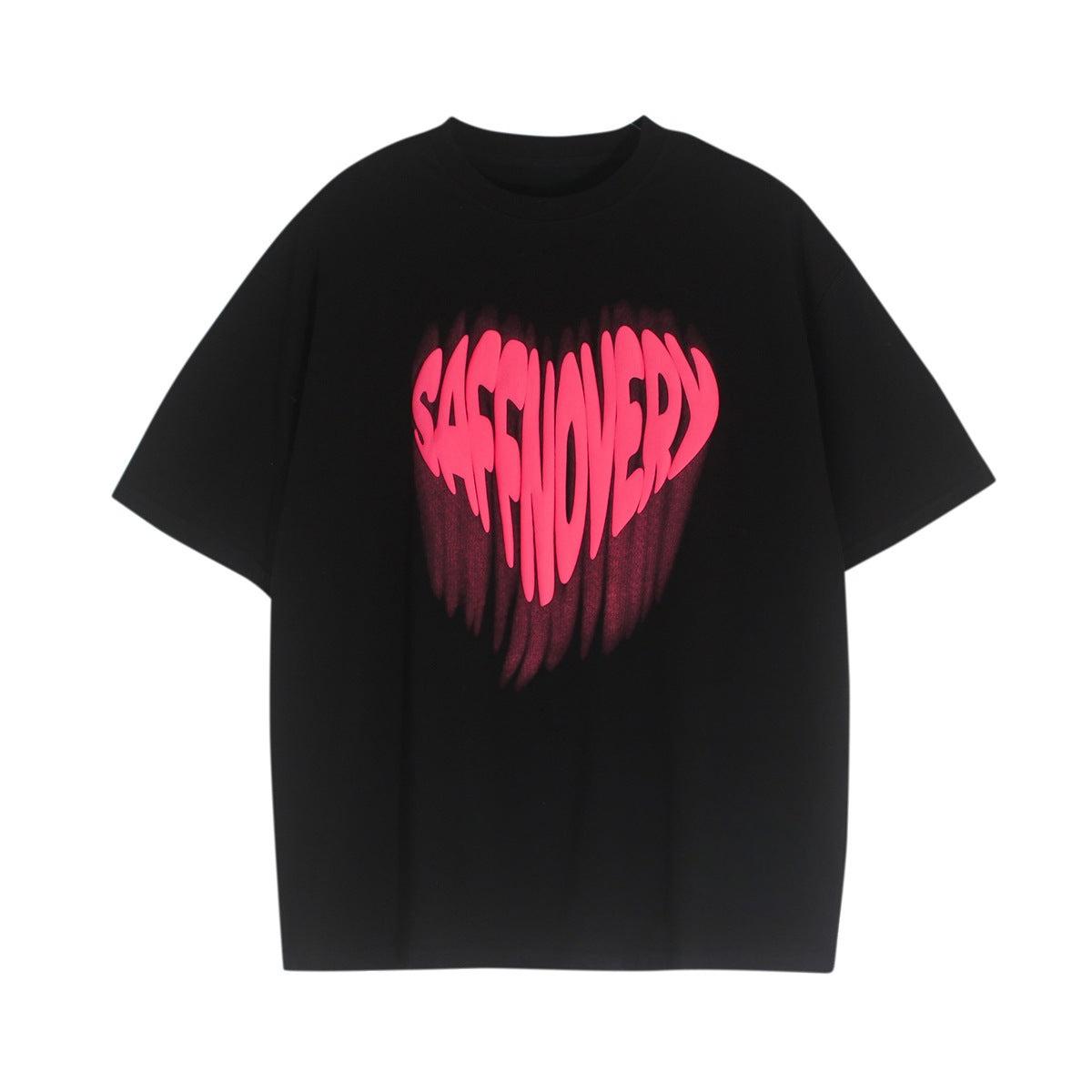 Heart Print White Y2k Street Fashion Trend Casual T-shirt Men s and Women s Luxury Brand Top M