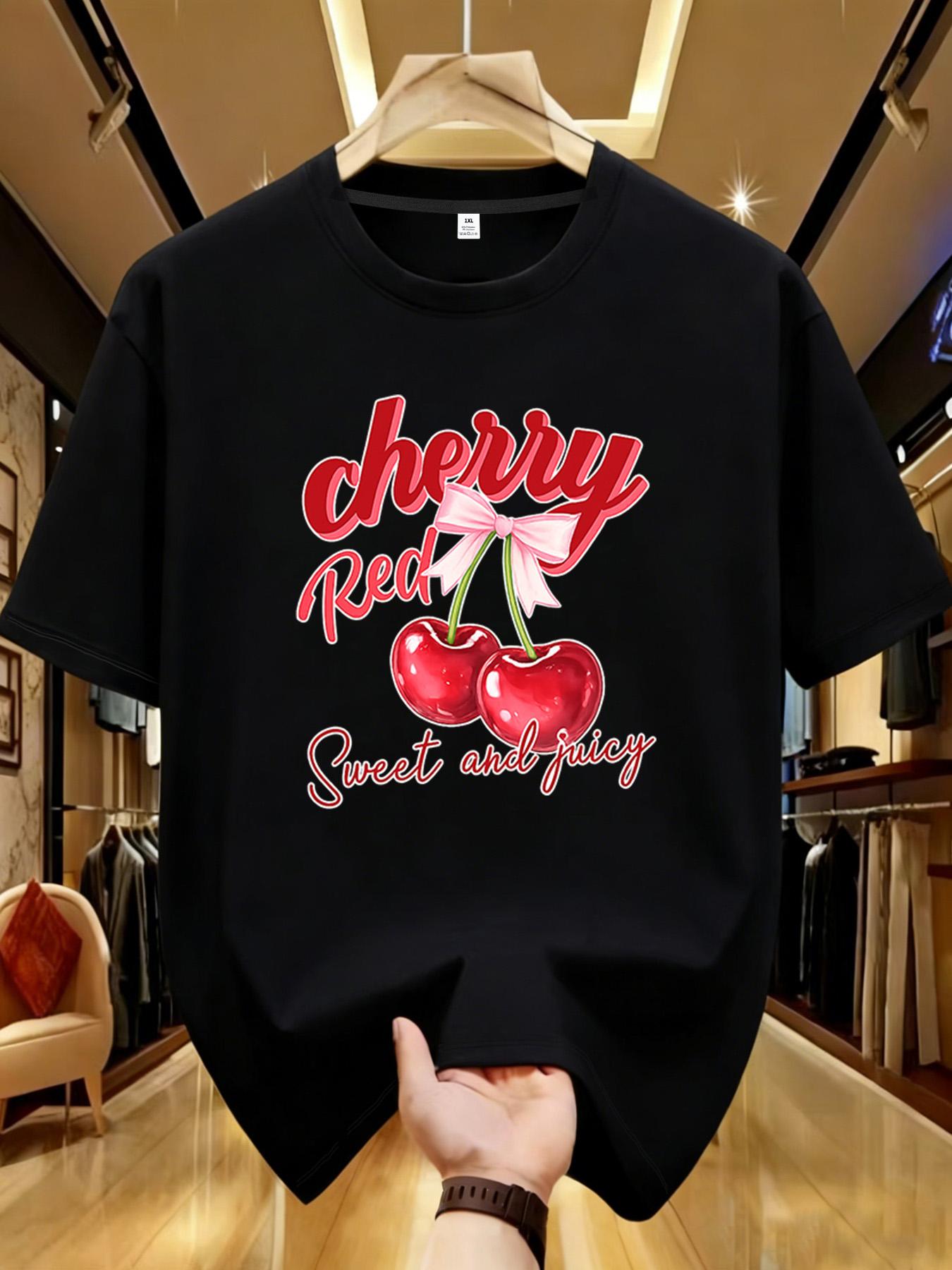Two cherries Plus size women s round neck short sleeve T-shirt with elastic half sleeves and trendy prints XL чёрный