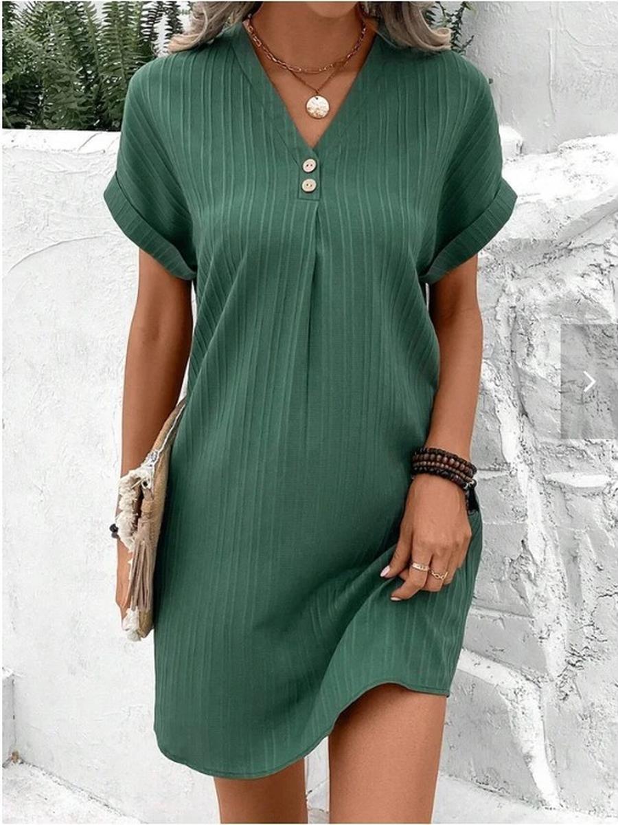 

New Women s V-Neck Solid Color Set Sleeves Comfortable Casual Button Dress S бутылочная зеленый
