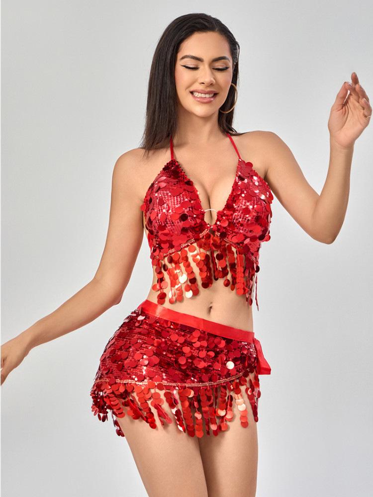 Sequin Tassel Belly Dance Hip Scarf & Waist Chain Set
