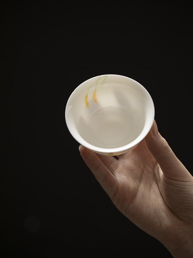 Hand-Painted Wheat White Porcelain Tea Cup - Large Zen Master Cup for Home, Pu-erh Tea Andmade Ceramic Drinking Gift