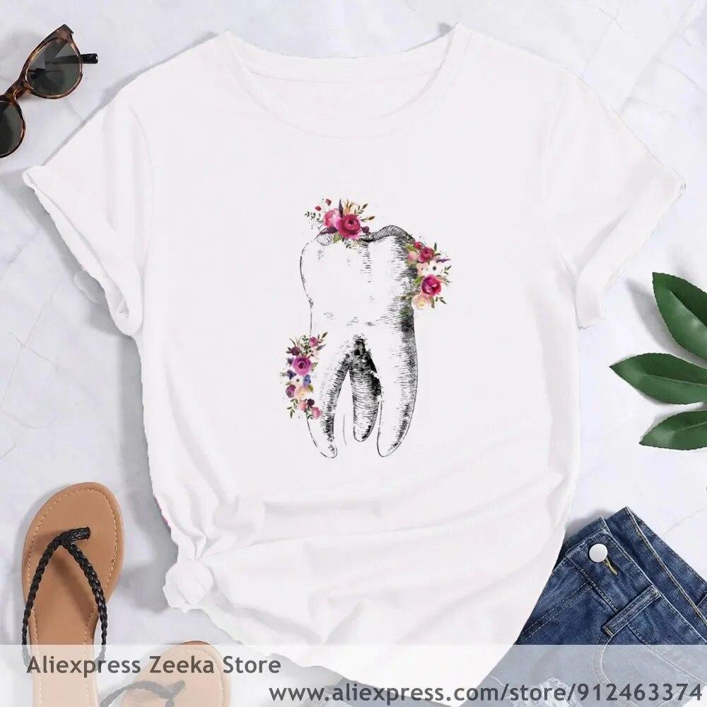 Zahn und Zahnarzt Grafik Ästhetik Frauen Lustige Print Damen T-shirt Mädchen Y2K Harajuku Basis O-kragen Weißes Hemd Kurze