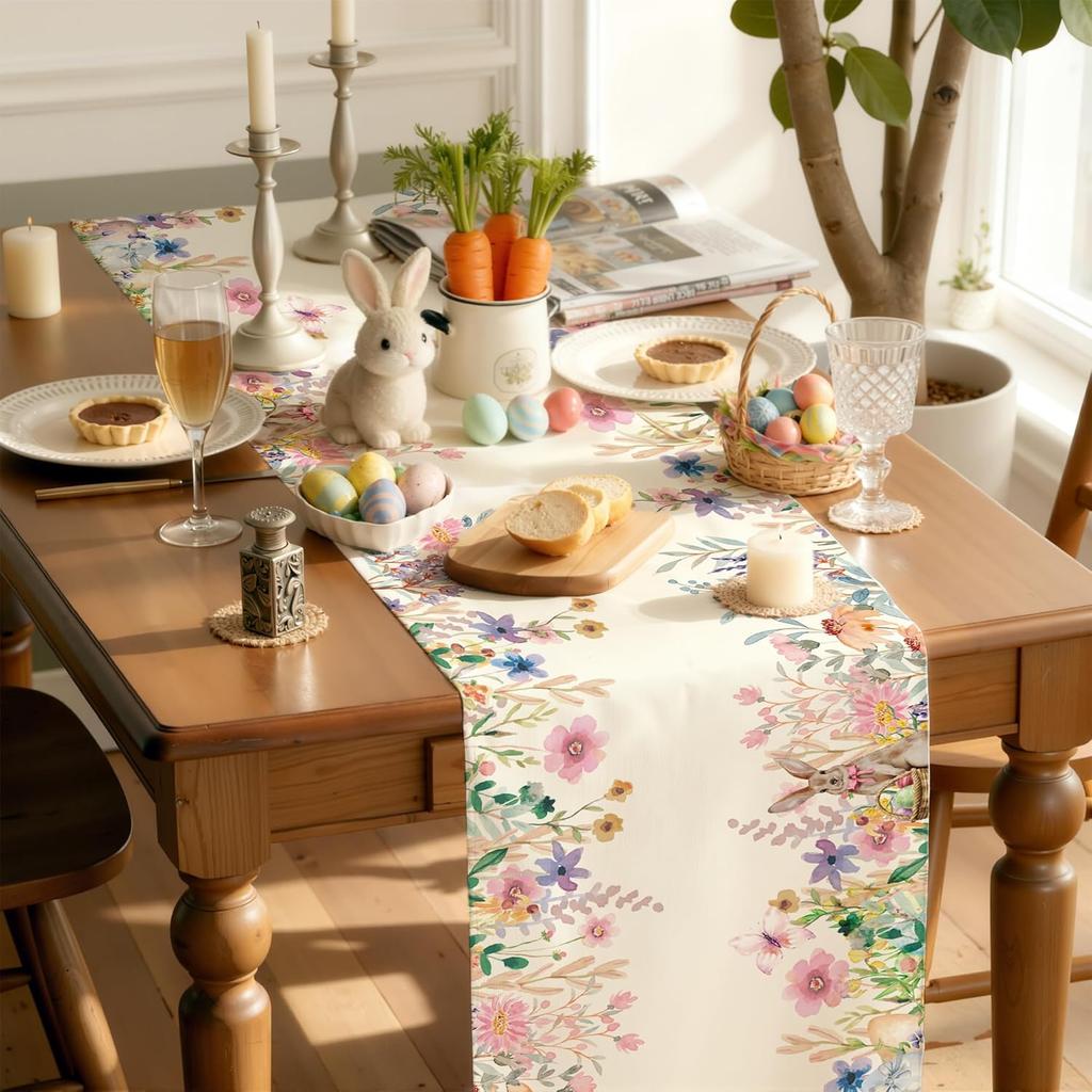 Easter Bunny Flofal Linen Table Runner Dresser Scarf Table Decor Spring Watercolor Wildflowers Table Runners Easter Decorations
