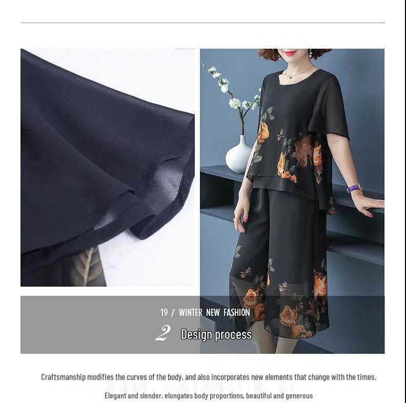 2021 Summer Chiffon Two-Piece Set for Middle-Aged and Elderly Women: Fashionable Loose Style for Mothers