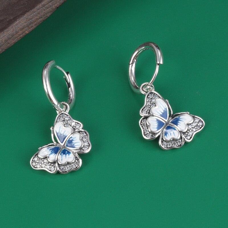 925 Sterling Silver Enamel Butterfly Hanging Earrings Certificated Jewelry Simple Marcasite Stone Ear Buckle Small Earrings E159