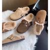 Fashion New Women Slippers Fur Flats Short Plush Mules Shoes Women Fashion Buckle Soft Sole Cotton Shoes Suede Home Warm Slippers Mules