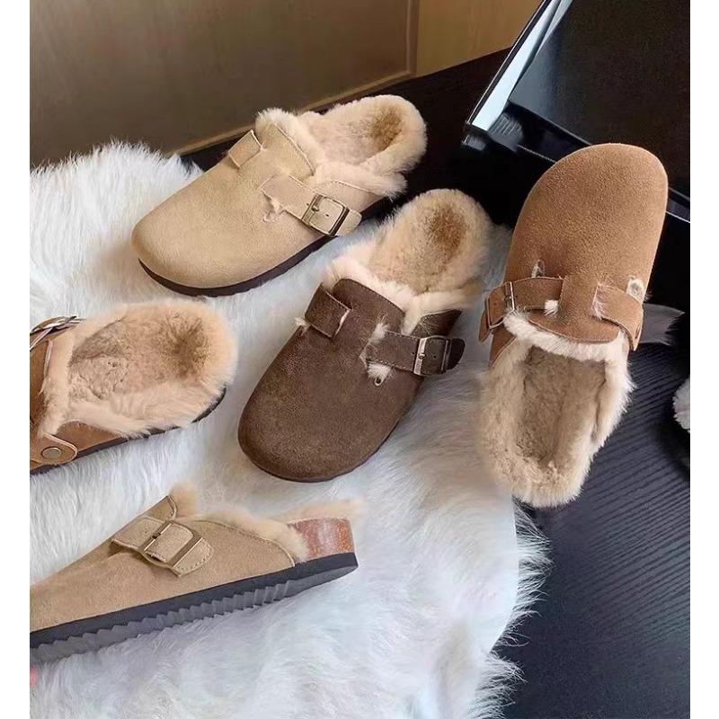 Fashion New Women Slippers Fur Flats Short Plush Mules Shoes Women Fashion Buckle Soft Sole Cotton Shoes Suede Home Warm Slippers Mules