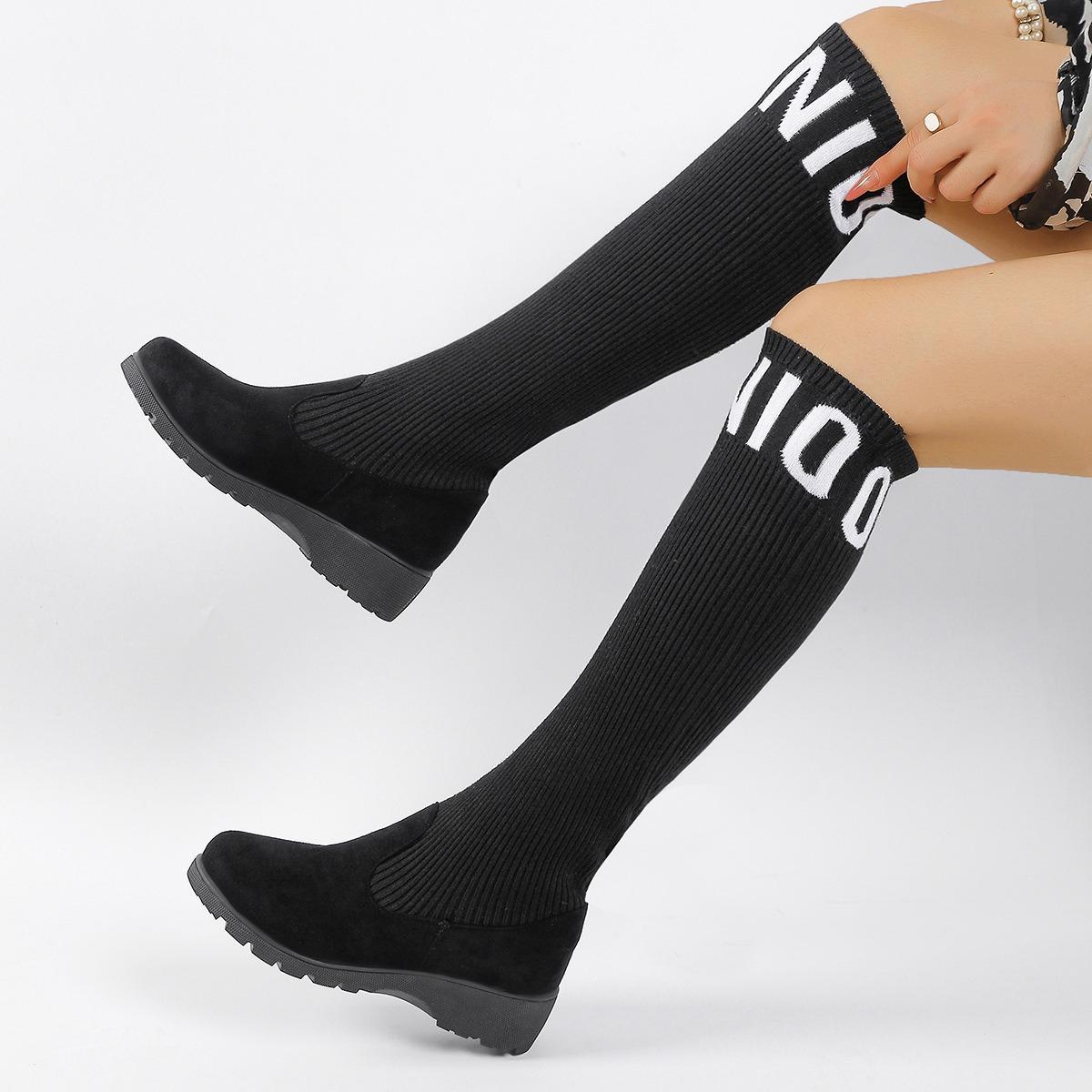 

Autumn Women s Long Boots Knitted Fabric Stockings Shoes Stretch Slip-ons Knee-high Boots Fashion Letter Print Wedge Heels Boots 41 чёрный
