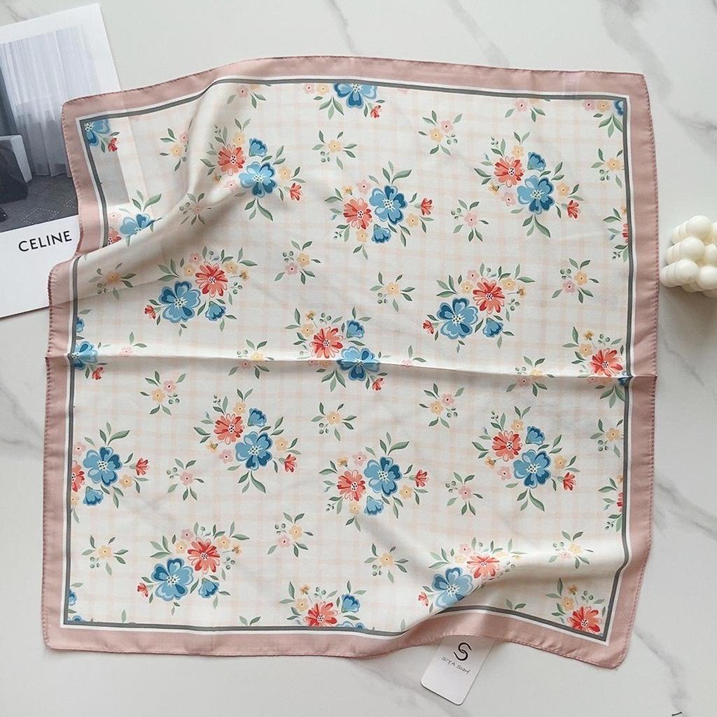 58CM Square Floral Silk-Feel Headscarf: Korean-Inspired Summer Style