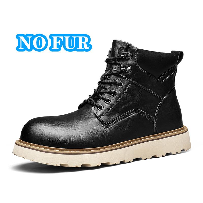 Herbst Winter Warme Plüschfell Winterschuhe Neue Schnürung Herren Freizeit Leder Motorradstiefel Dicke Sohle Rutschfest Männliche Knöchel-Botas