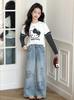 Girls' Retro Blue Graffiti Wide-Leg Jeans: Hand-Painted Loose-Fit Casual Pants