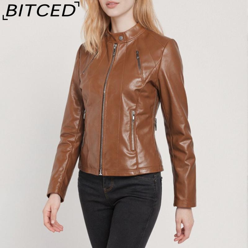BITCED Autumn Slim-Fit Women's Leather Jacket Slim-Fit Outerwear Leather Clothing for Women