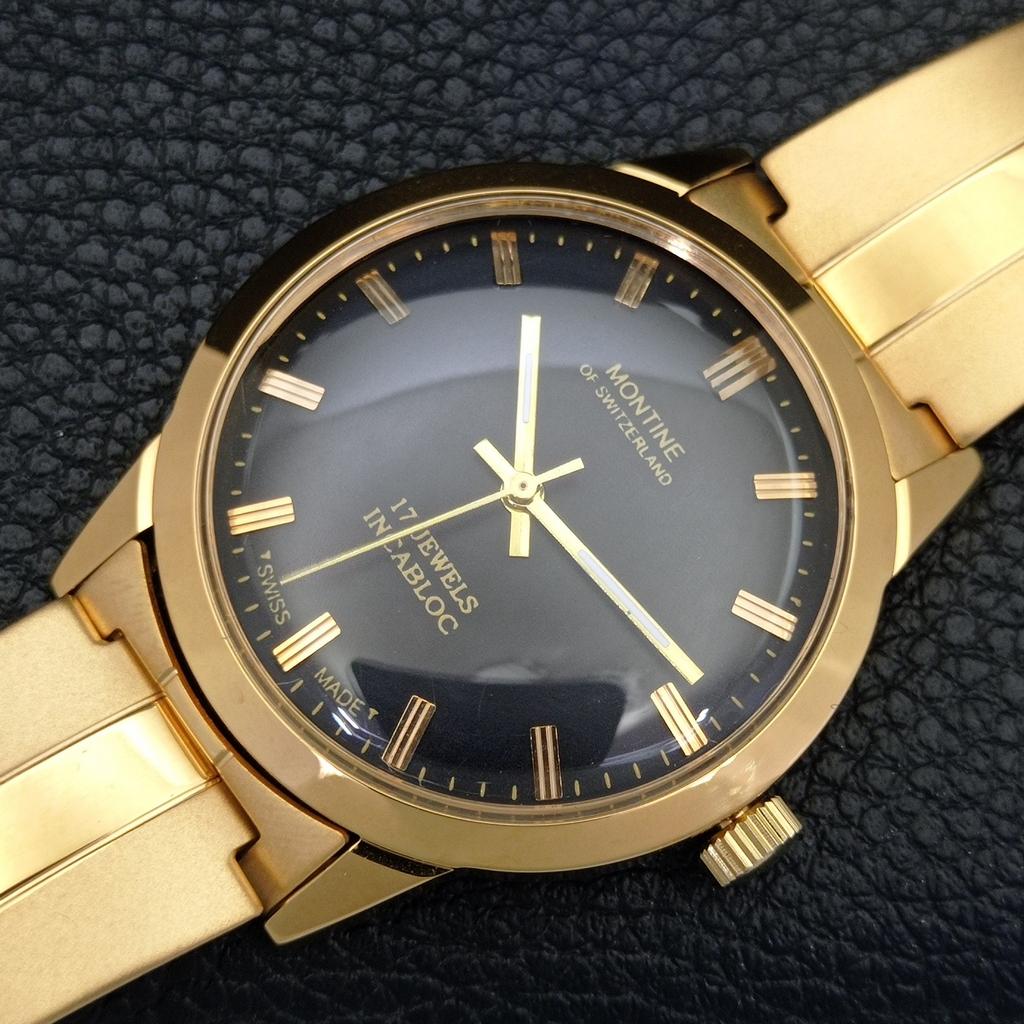 VINTAGE MONTINE HAND-WINDING SWISS MENS REFURBISHED BLACK DIAL WATCH a441071-1
