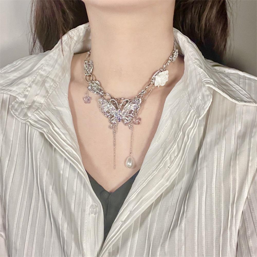 Exaggerated Butterfly Flower Necklace Tassel Women's Choker Fashion Vintage Metal Necklace  Gifts