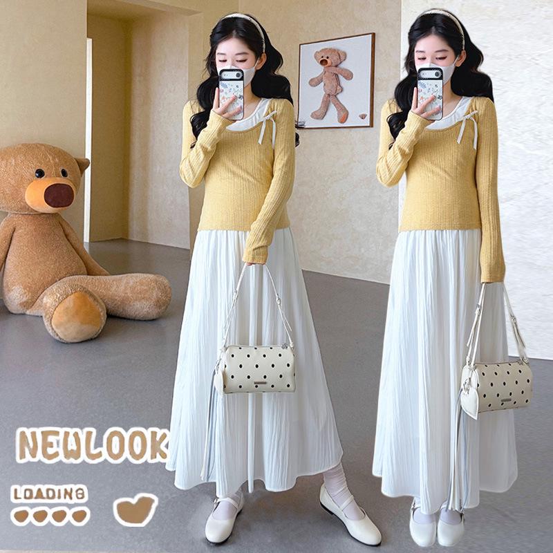 Available: Spring 2026 Korean Maternity Two-Piece Set - Sweet White Tank Dress & Long Sleeve Bowknot Top XL
