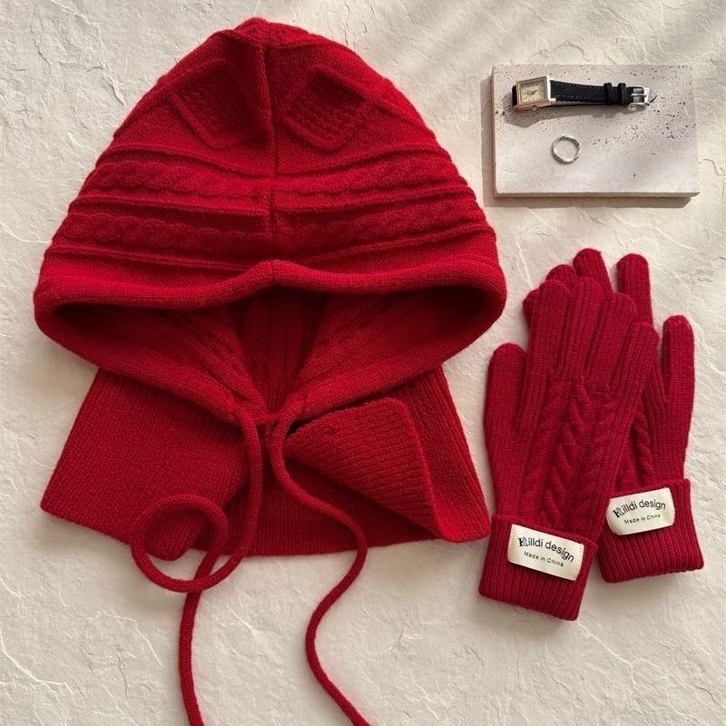 

Wool Knitted Balaclava Hat with Neck Warmer Integrated Gloves Autumn Winter Neck Protection Warm Stylish Red with Gloves
