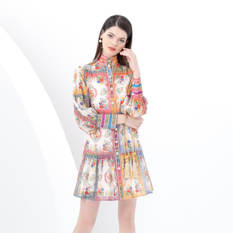 Spring Summer Women Stand Collar Single Breasted Retro Print Oversize Plus Size Party Dresses with Belt
