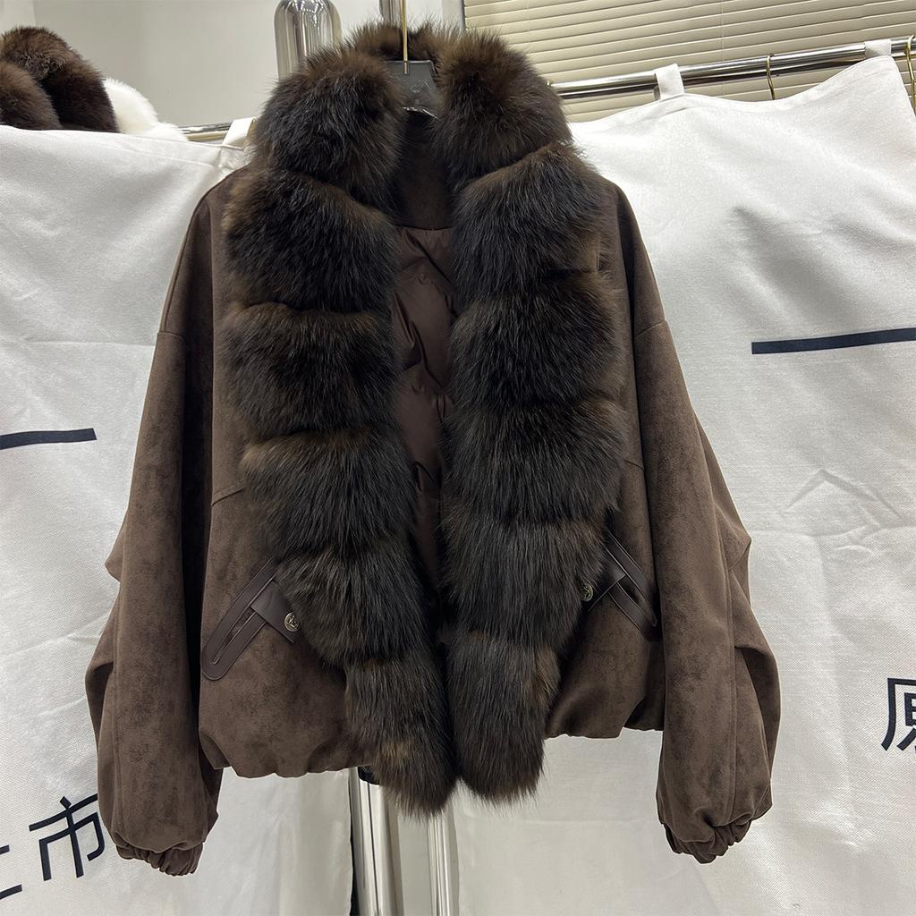 Goose Down Jacket Suede Short Fox Fur Collar Down Jacket Women's Winter New Loose High-end Coat Tide