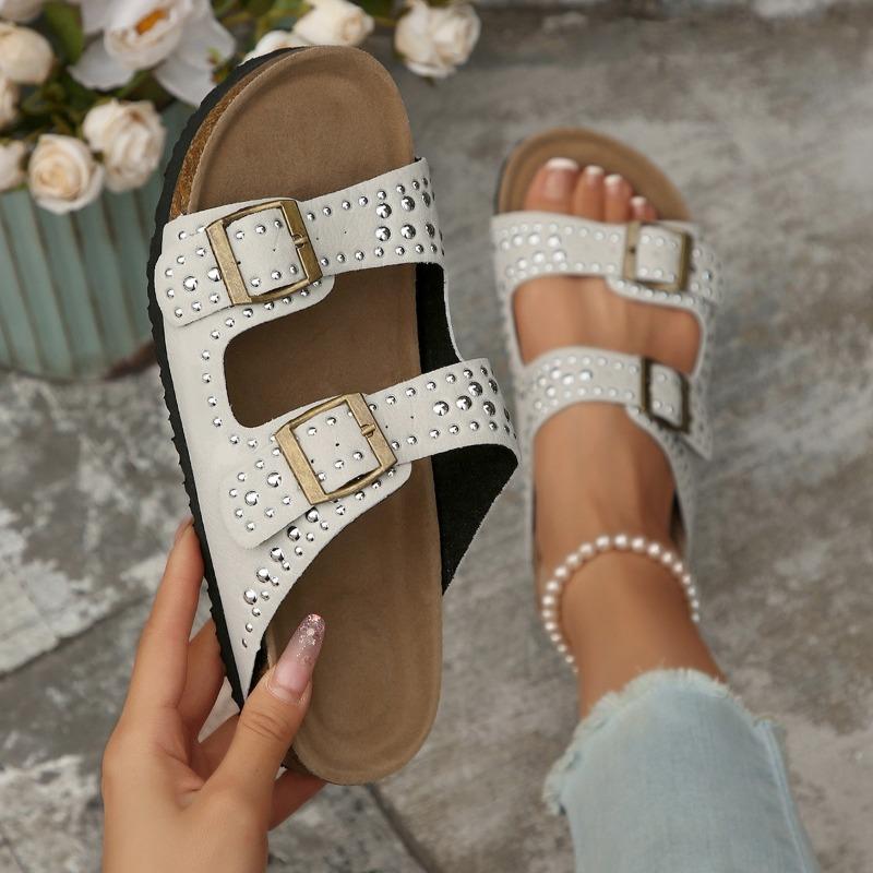 Flat Slippers Summer New Round Toe Open Toe Metal Buckle Studded Anti-Slip Wear-Resistant Plus Size Romans