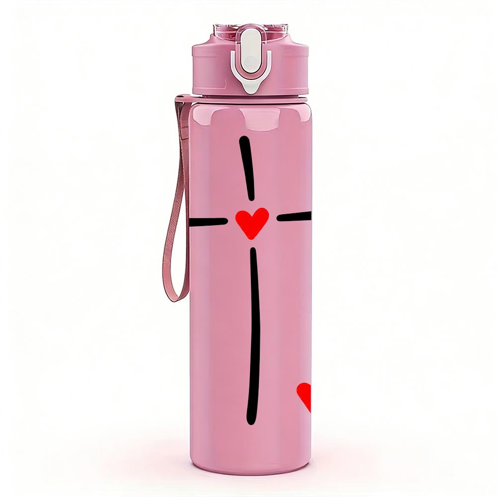 1PC Red Heart Center Cross Faith 750ml Color Plastic Sports Water Bottle Leakproof Flip Straw Lid Suitable for Sports Office Home Use