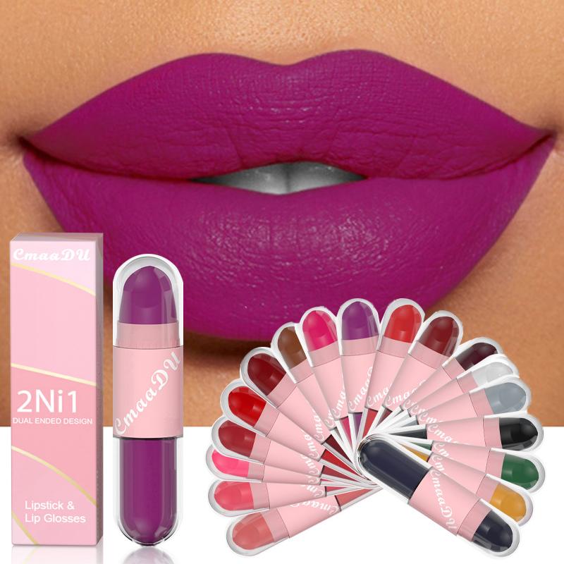 18 Colors 2 In 1 Matte Lipstick Liquid Purple Lip Glaze Double Head Lip Makeup Lasting Waterproof Velvet Sexy Dark Red Lipsticks