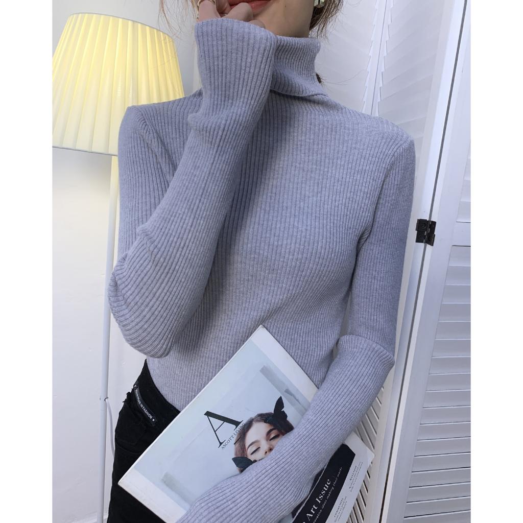Dámský podzimní rolák s dlouhými rukávy, úzký střih, jednoduchá základní jednobarevná košile, dámský pletený svetr