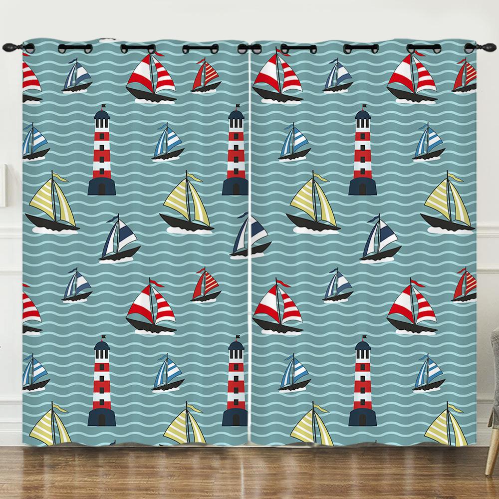 Curtains Cartoon Sailing Digital Printing Blackout Curtains Bedroom No Punching