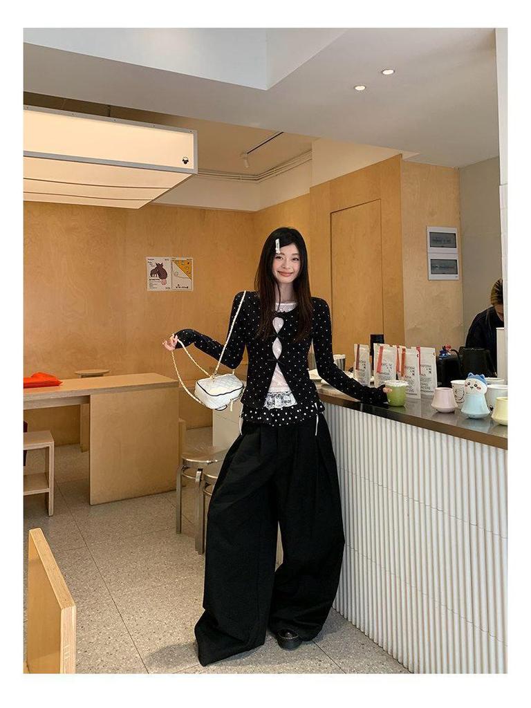 Women's Slimming Lace Long Sleeve Polka Dot T-Shirt - Black & White, Korean Style, Spring Collection