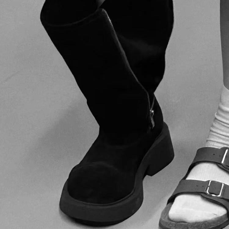 Retro big round head knight boots new personality two wear big tube circumference zipper high boots